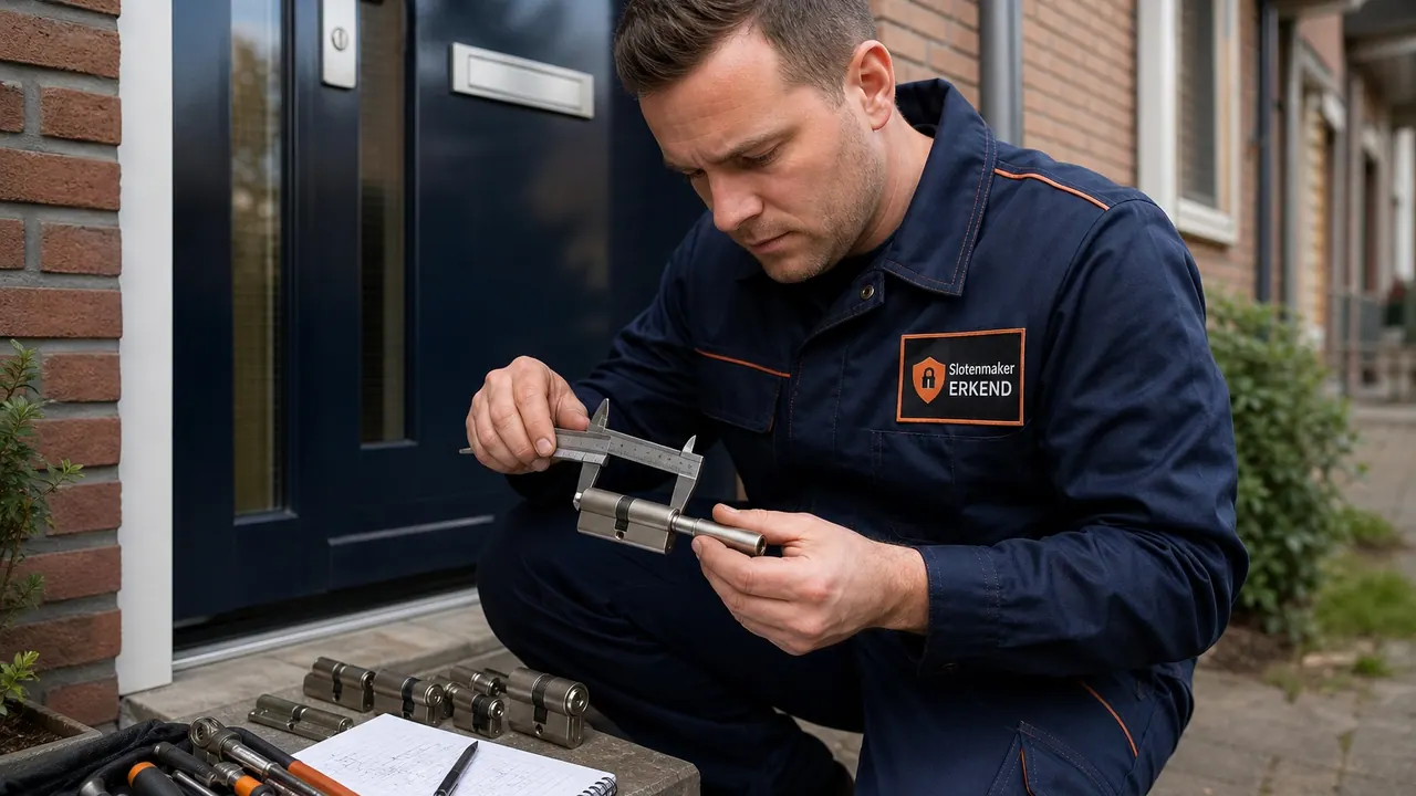 Slotenmaker meet een cilinderslot op met een schuifmaat voordat hij het vervangt