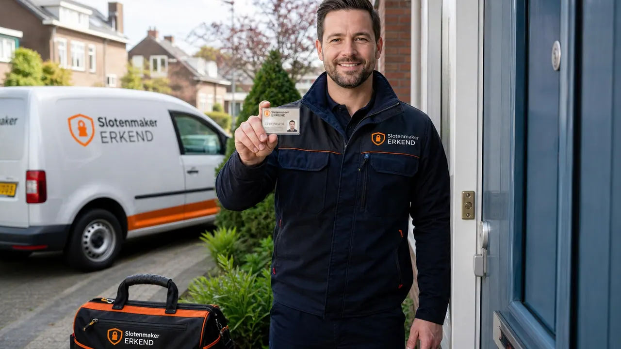 Erkende slotenmaker toont zijn certificering en legitimatiebewijs bij een woning