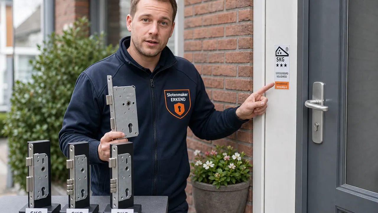 Slotenmaker toont SKG-gecertificeerde sloten met verschillende sterrenkwalificaties (★, ★★, ★★★)