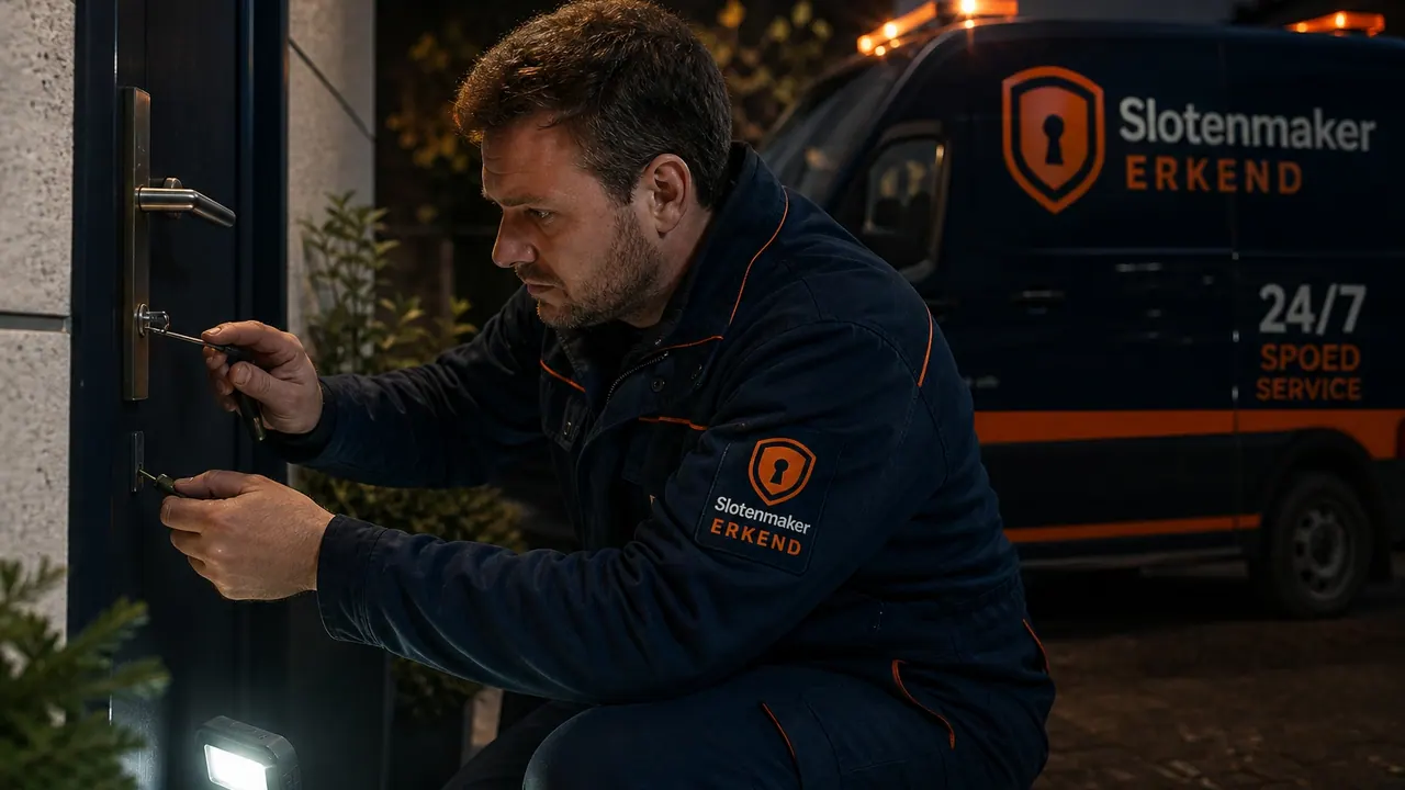 Slotenmaker werkt ’s avonds met professionele verlichting bij een voordeur — 24/7 spoedhulp