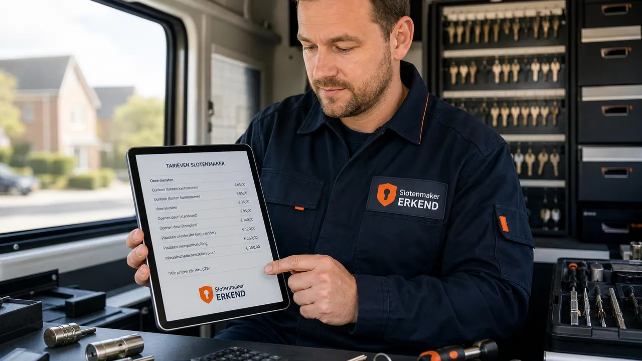 Slotenmaker in zijn servicebus bekijkt de prijslijst met tarieven op een tablet