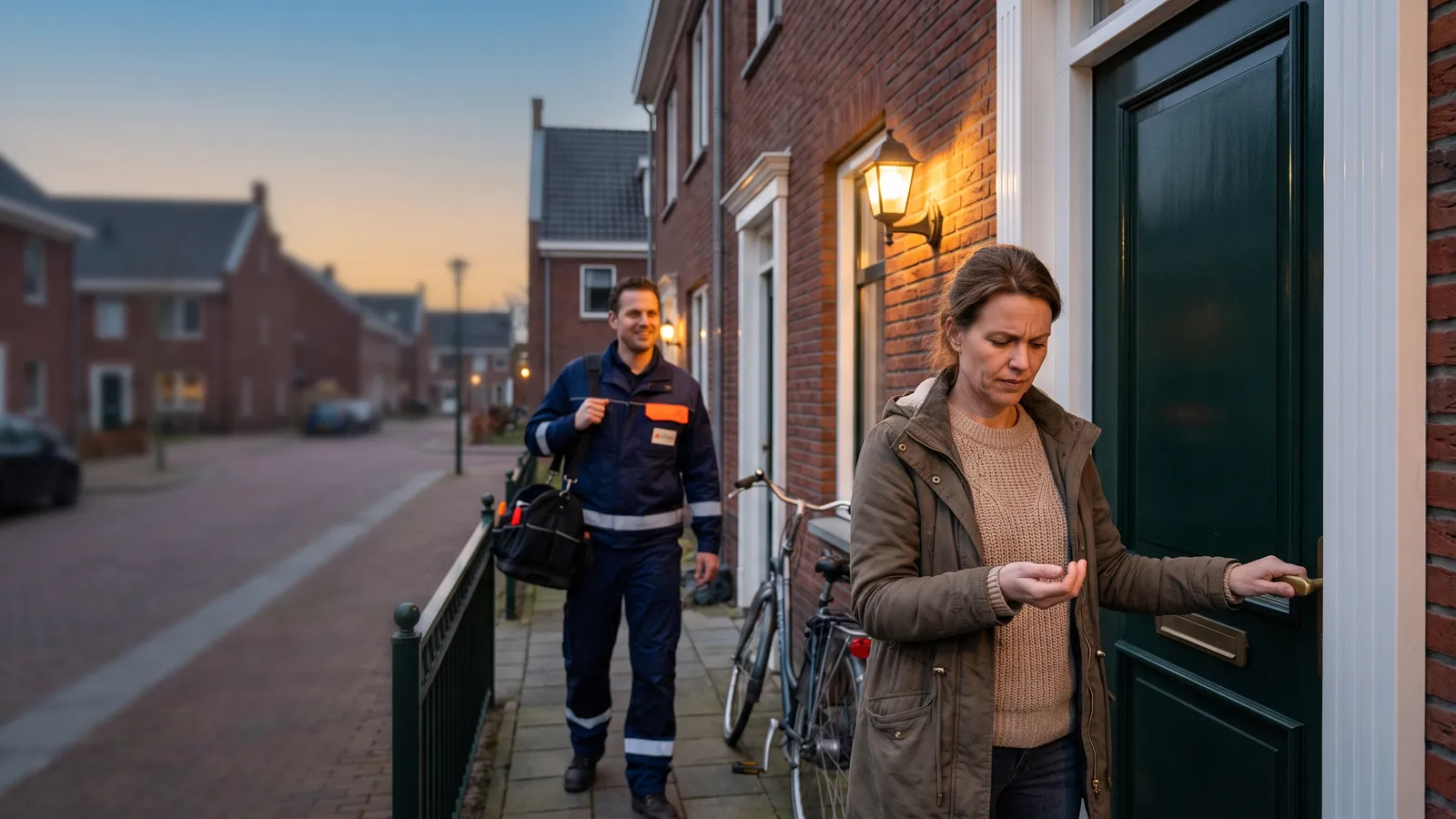 Buitengesloten? Onze slotenmaker komt naar u toe Buitengesloten bewoonster wacht bij haar voordeur terwijl de erkende slotenmaker met gereedschapstas aankomt in een Nederlandse straat