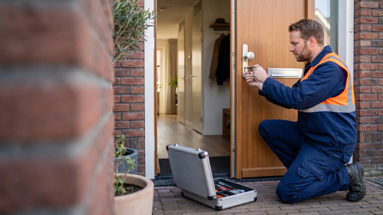Erkende slotenmaker monteert een veiligheidscilinder Erkende slotenmaker in werkkleding monteert een SKG-cilinderslot in de voordeur van een Nederlandse woning