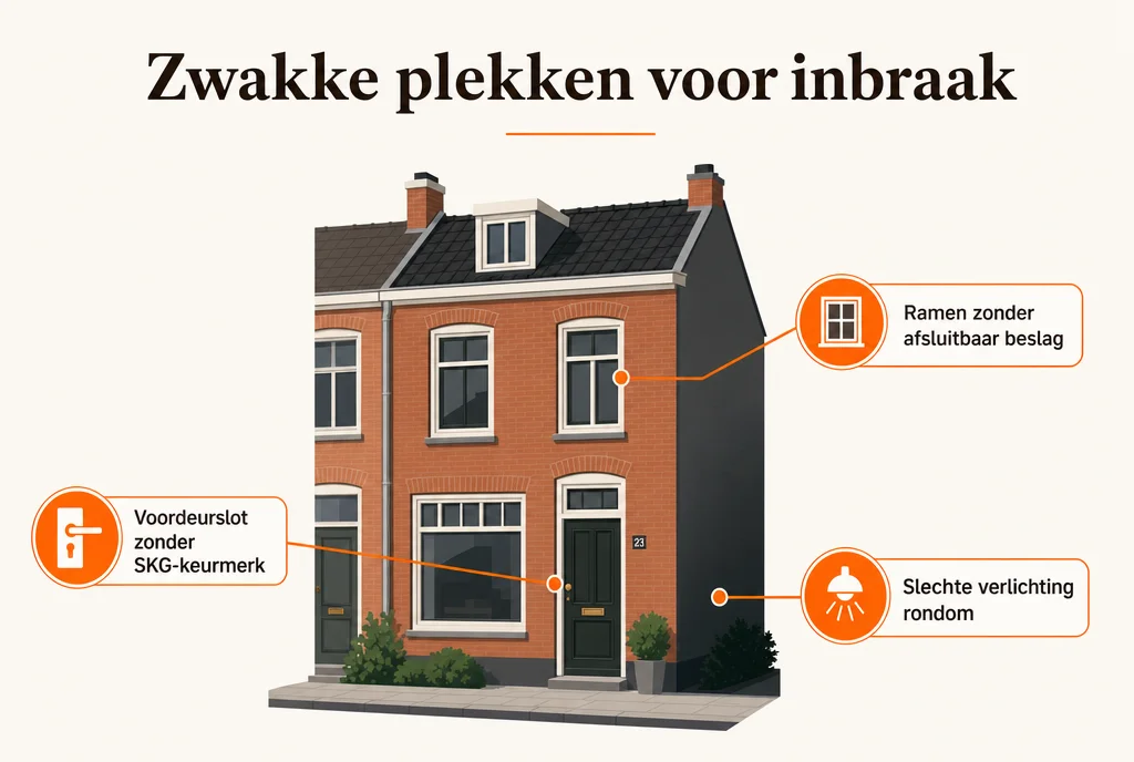 Zwakke plekken in huis voor inbraak: voordeurslot zonder SKG-keurmerk, ramen zonder afsluitbaar beslag en slecht zicht of verlichting rond de woning