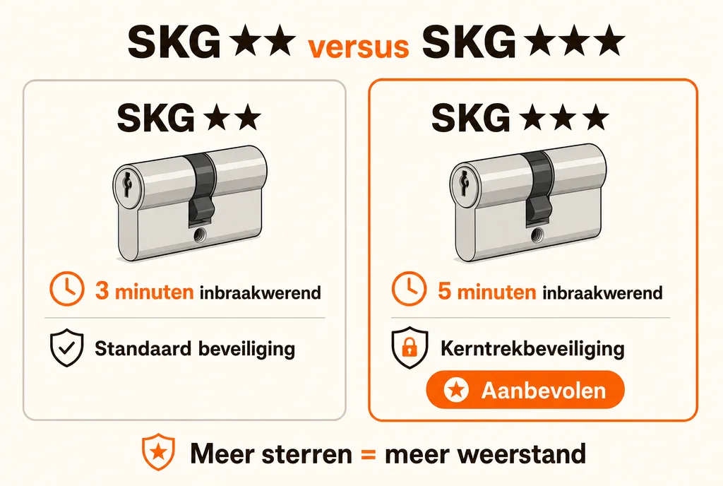 Verschil tussen SKG twee sterren en SKG drie sterren sloten: hogere sterwaardering betekent meer inbraakwerendheid en langere weerstandstijd