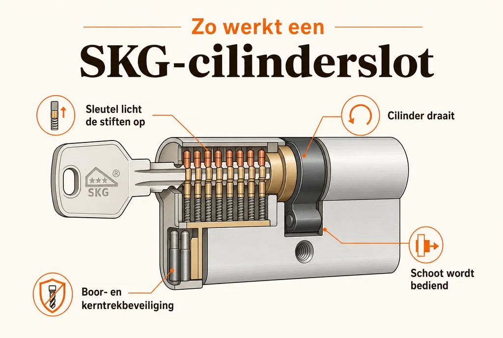 Werking van een SKG-gekeurd cilinderslot: de sleutel licht de stiften op, de cilinder draait en bedient de schoot, met boor- en kerntrekbeveiliging