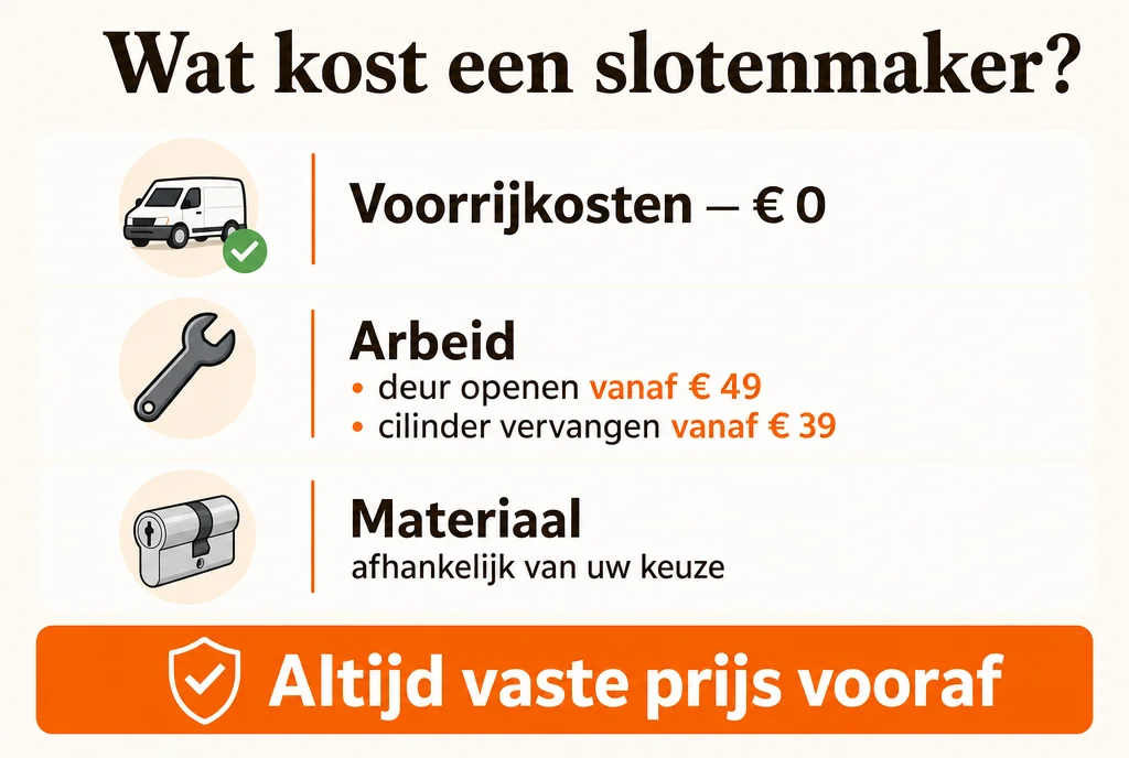 Tariefopbouw van een slotenmaker: geen voorrijkosten, arbeid voor deur openen vanaf 49 euro, cilinder vervangen vanaf 39 euro, materiaal op basis van keuze, altijd een vaste prijs vooraf