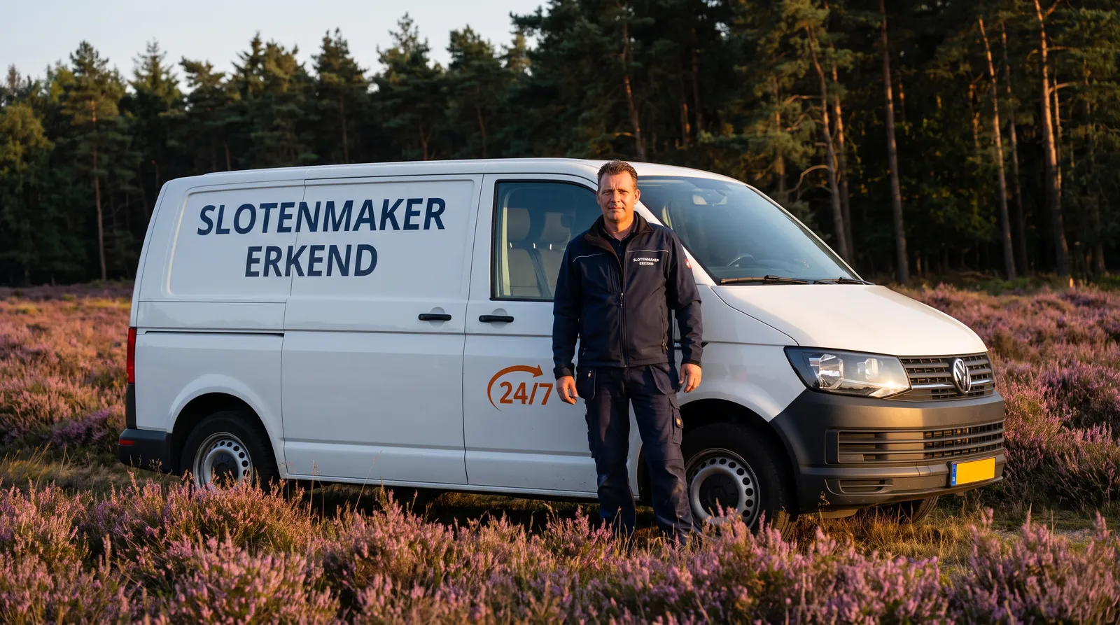 Monteur van Slotenmaker Erkend bij de servicebus op de paarse heide van de Veluwe in Gelderland
