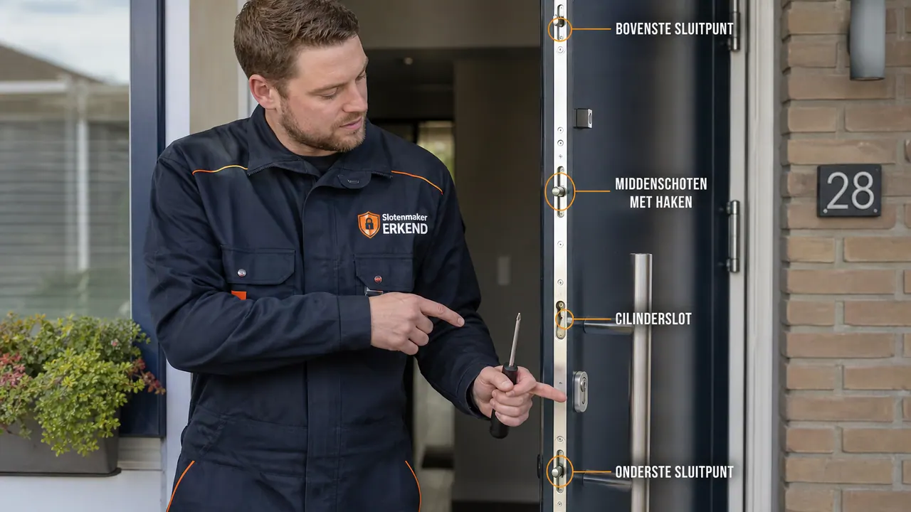 Meerpuntssluiting Slotenmaker stelt een meerpuntssluiting af die de deur op meerdere punten vergrendelt
