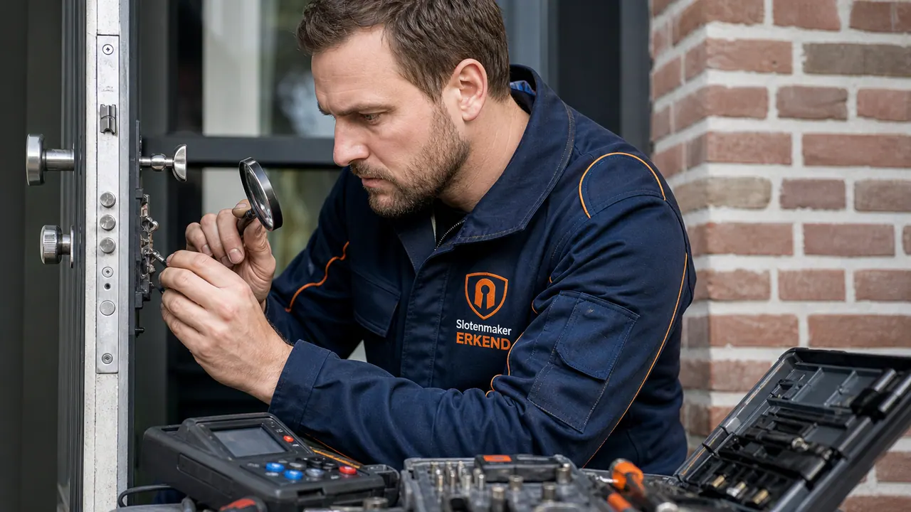 Probleemoplossing slot en deur Slotenmaker zoekt de oorzaak van een klemmende deur of een doordraaiend slot